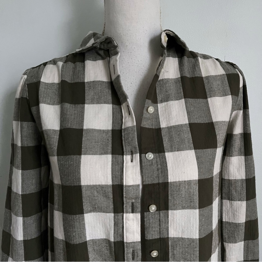 Loft • Olive Green and White Plaid Button-Up Shirt - Picture 2 of 5